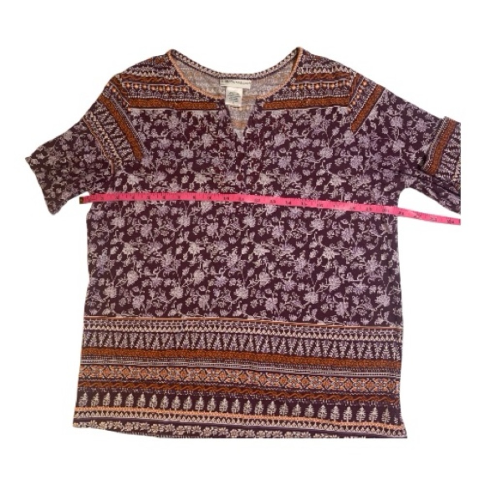 Rebecca Malone Plum Burgundy Orange Tunic Blouse Shirt Top Floral V-Neck Size L - Picture 6 of 12
